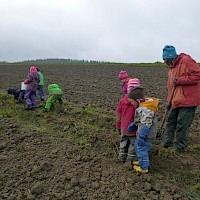 Die einen graben und die anderen buddeln mit den Händen.