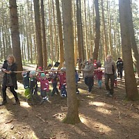 Gemeinsam holen Eltern und Kinder den Maibaum aus dem Versteck.