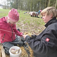 Aus Stroh und Wolle wird mit vereinten Kräften ein kleines Osternest genäht.